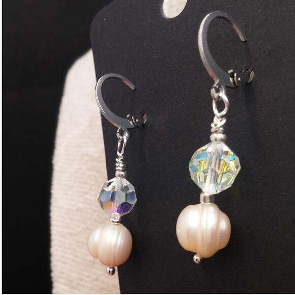 Artisan Baroque Freshwater Pearl Earrings Vintage Beads Swarovski Crystal Dangle - Picture 7 of 9